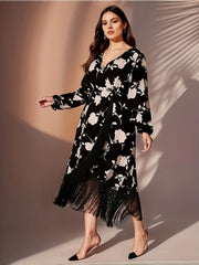 Women's Plus Floral Lantern Sleeve Fringe Dress