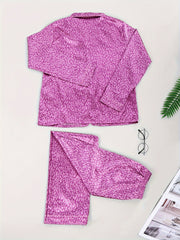 Leopard Print Pajama Set Long Sleeve Top & Pants Women's Sleepwear