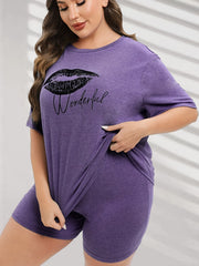 Kiss & Letter Print Tee & Biker Shorts Pajama Set