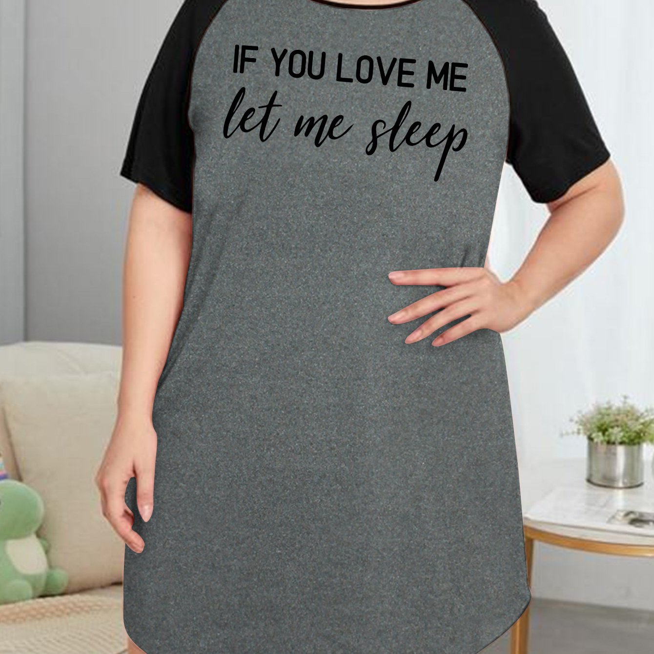 Nightdress Women's Plus Letter Graphic Raglan Short Sleeve