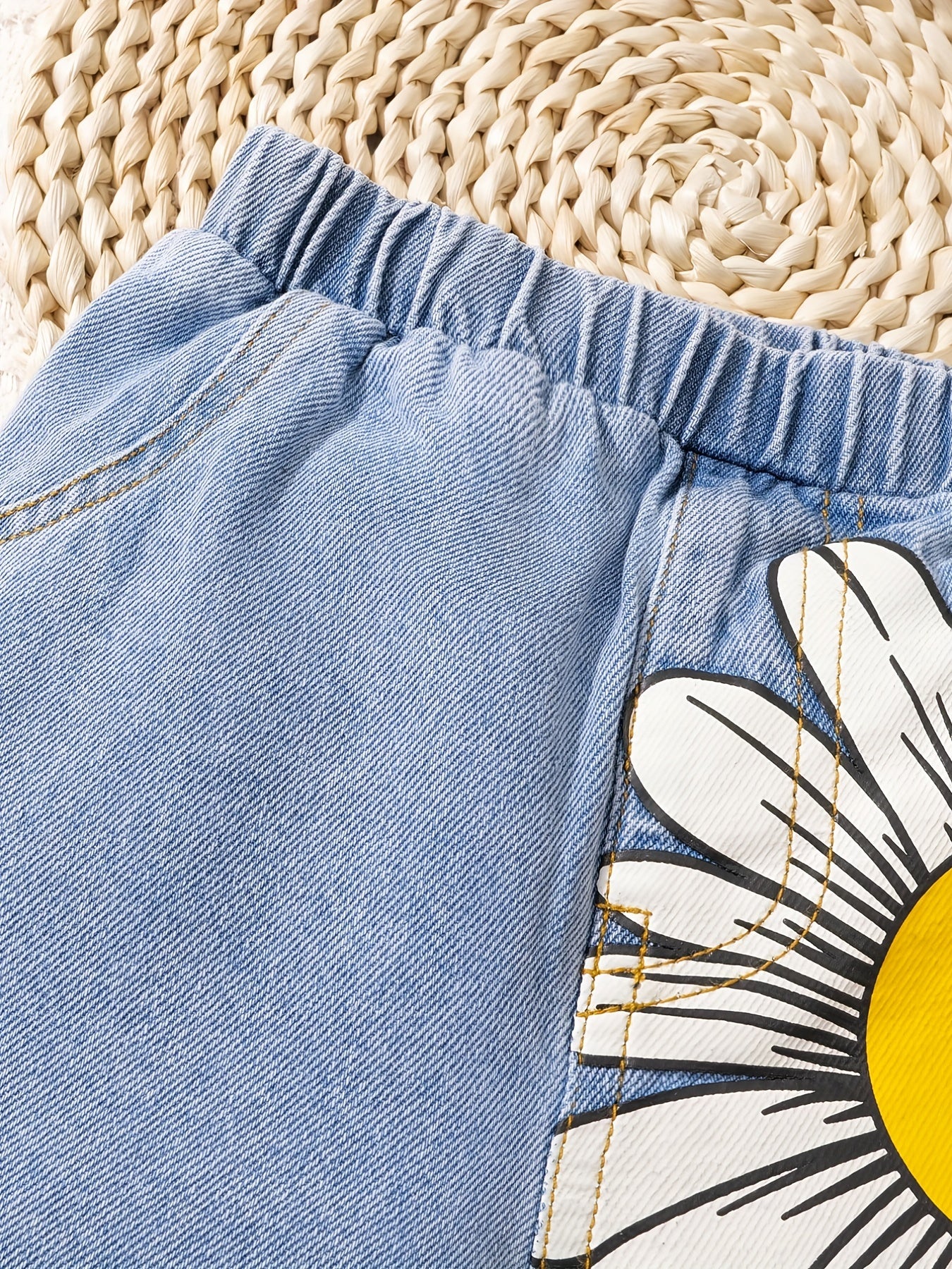 Baby's Sunflower Print Denim Shorts With Pockets