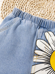 Baby's Sunflower Print Denim Shorts With Pockets