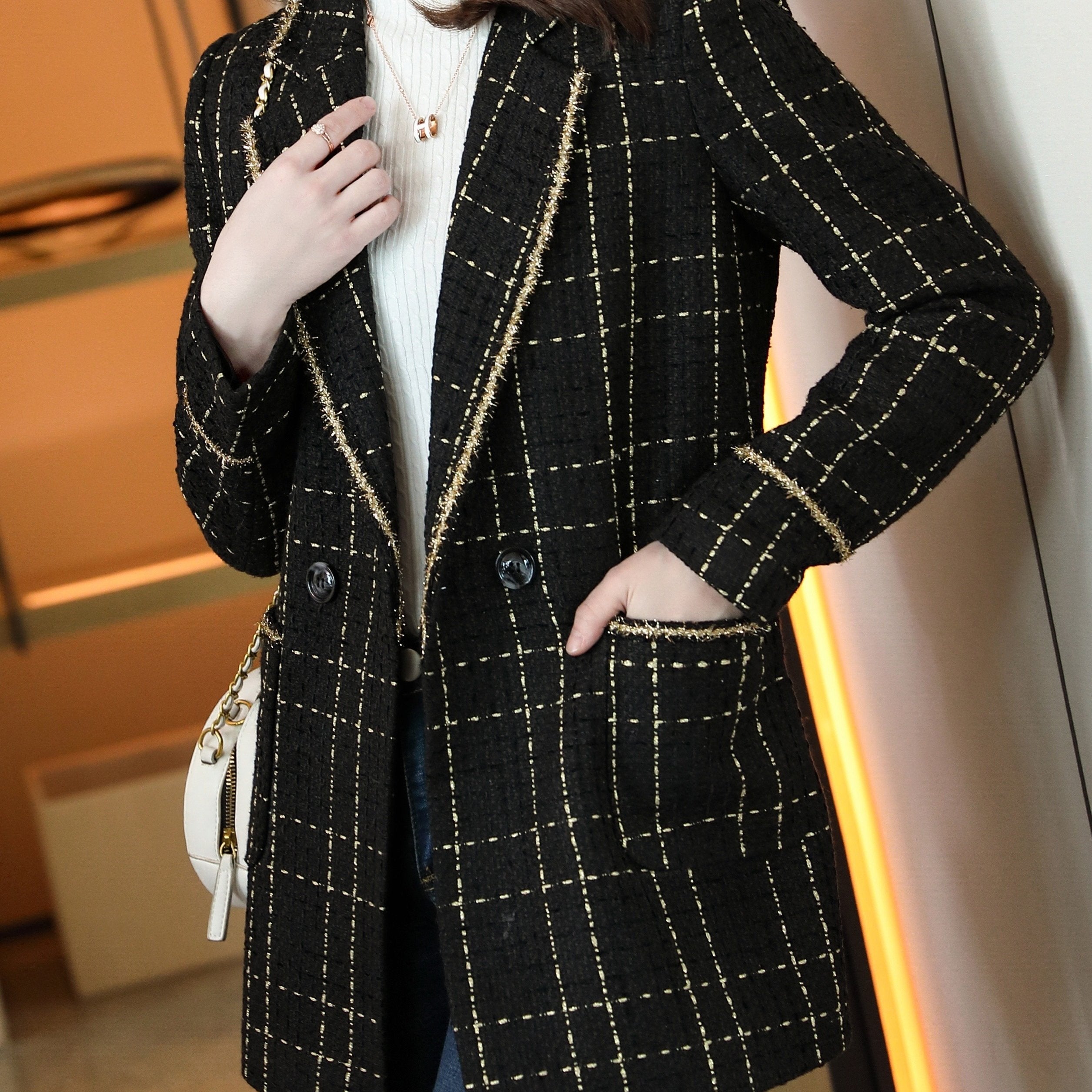 Plaid Print Lapel Blazer Long Sleeve Outerwear With Pocket