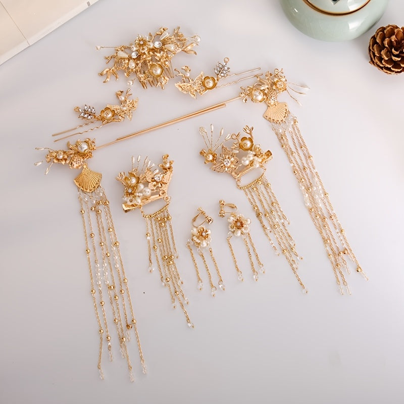 Crystal Pearl Flower Butterfly Hair Clip Headband Earring Set