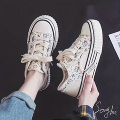 Women's Platform Canvas Print Lace Up Low Top Shoes