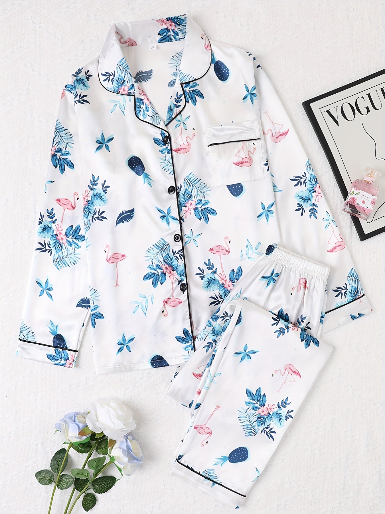 Flamingo Print Pajama Set Long Sleeve Buttons Top & Elastic Waistband Pants