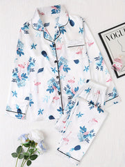 Flamingo Print Pajama Set Long Sleeve Buttons Top & Elastic Waistband Pants