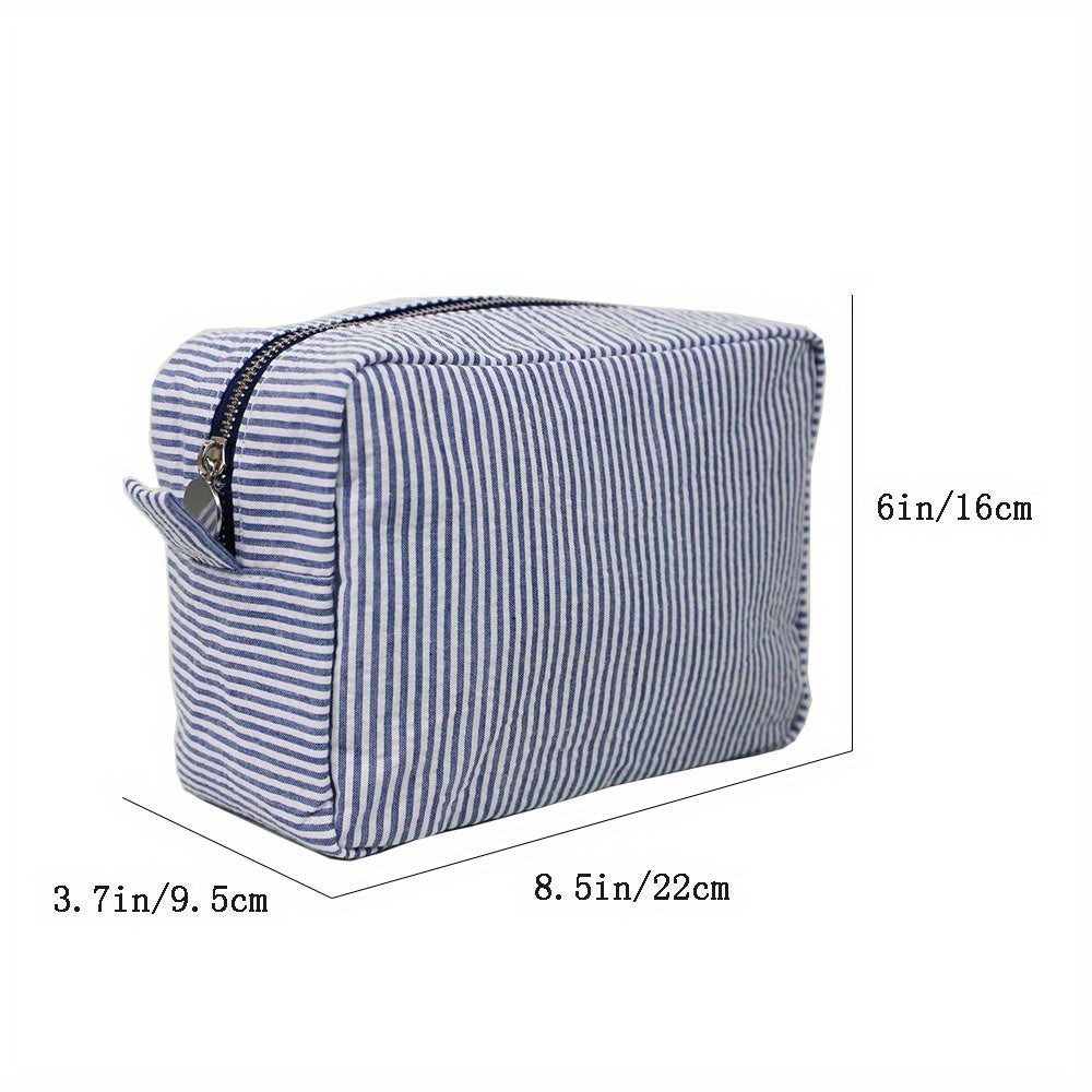 Seersucker Makeup Bag Large Capacity Travel Toiletry Case Zipper Closure