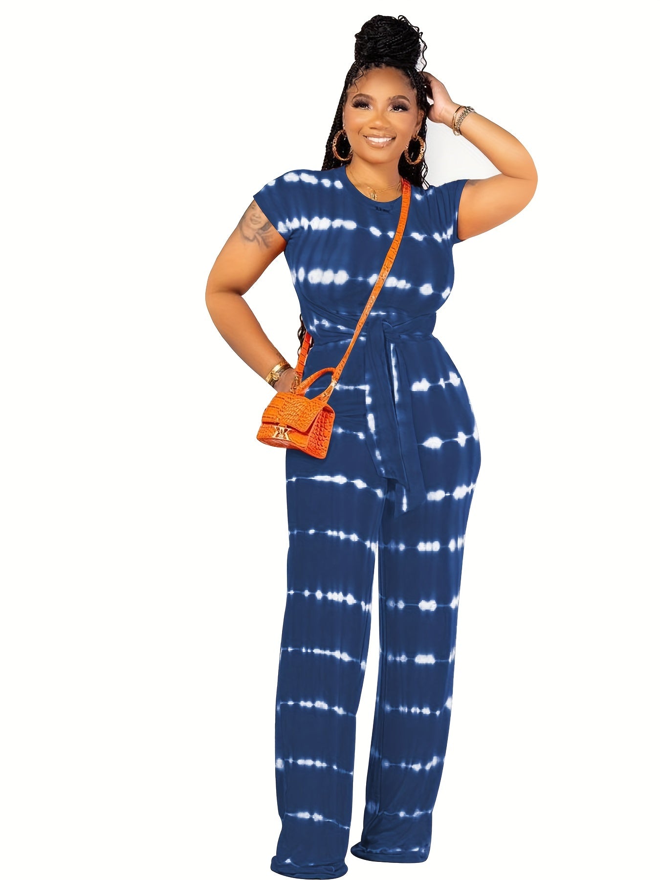 Tie Dye Casual Set Short Sleeve Lace Up T shirt & Pants Outfits