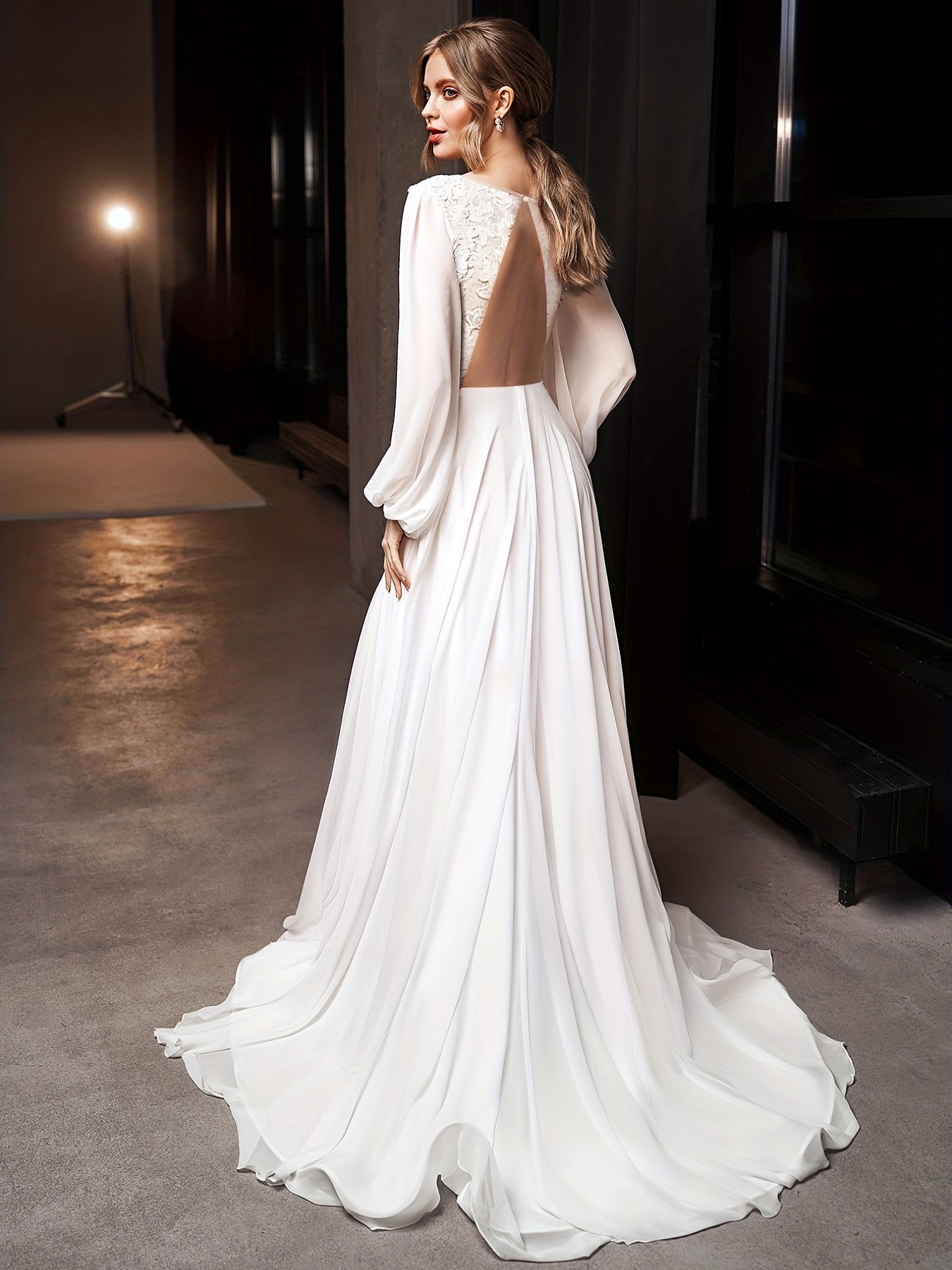 Floral Lace Plunging Wedding Dress Lantern Sleeve Split Maxi Dress