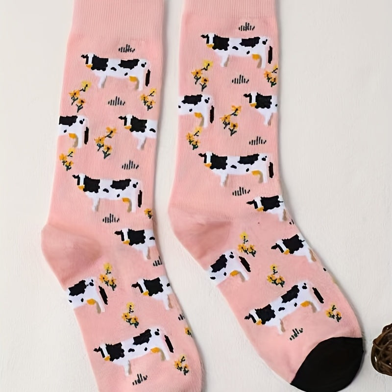 Cartoon Cow Print Socks Comfy & Mid Tube Women's Stockings
