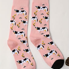 Cartoon Cow Print Socks Comfy & Mid Tube Women's Stockings