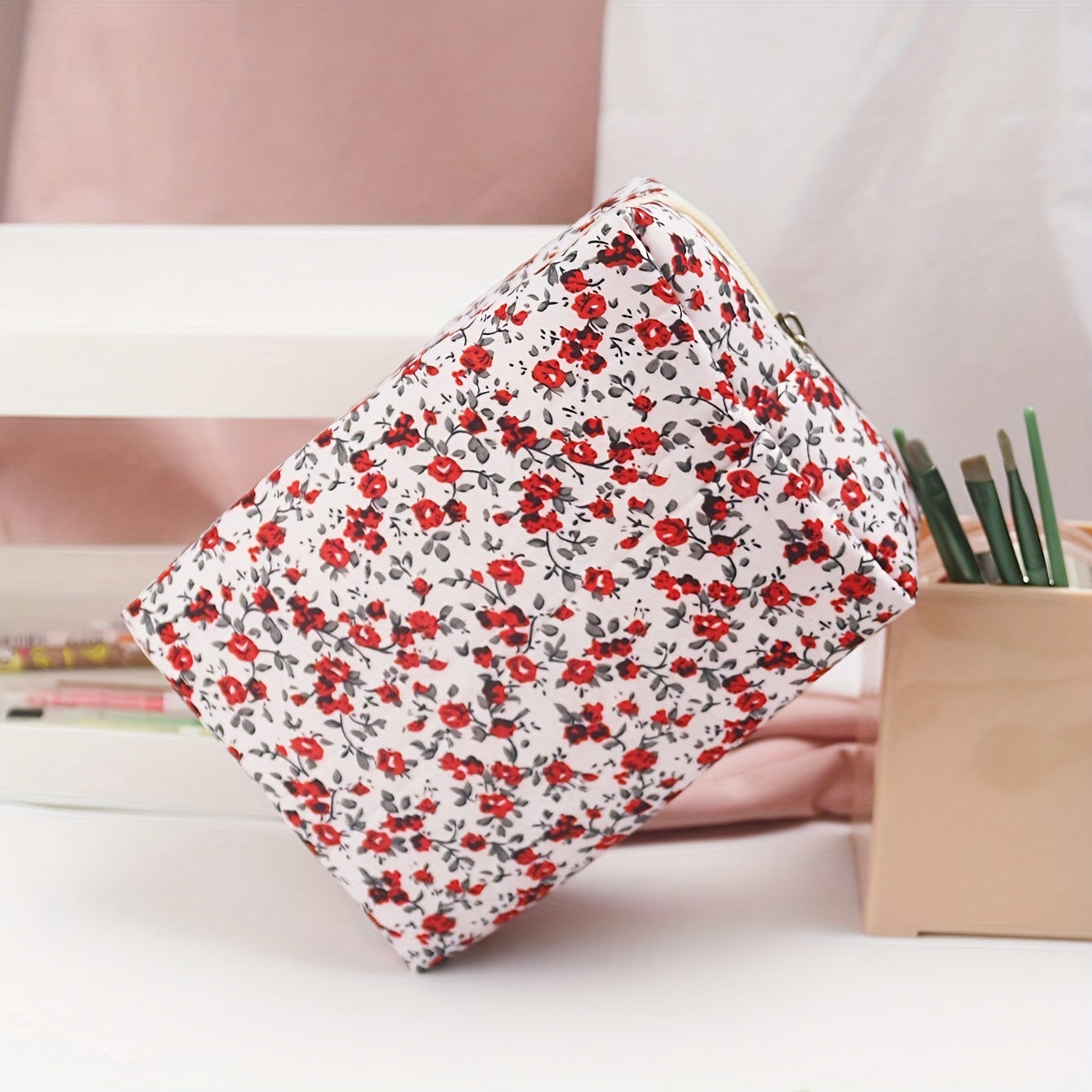 Floral Print Zipper Makeup Bag For Women Purse Cosmetic Bag Travel Toiletry Bag