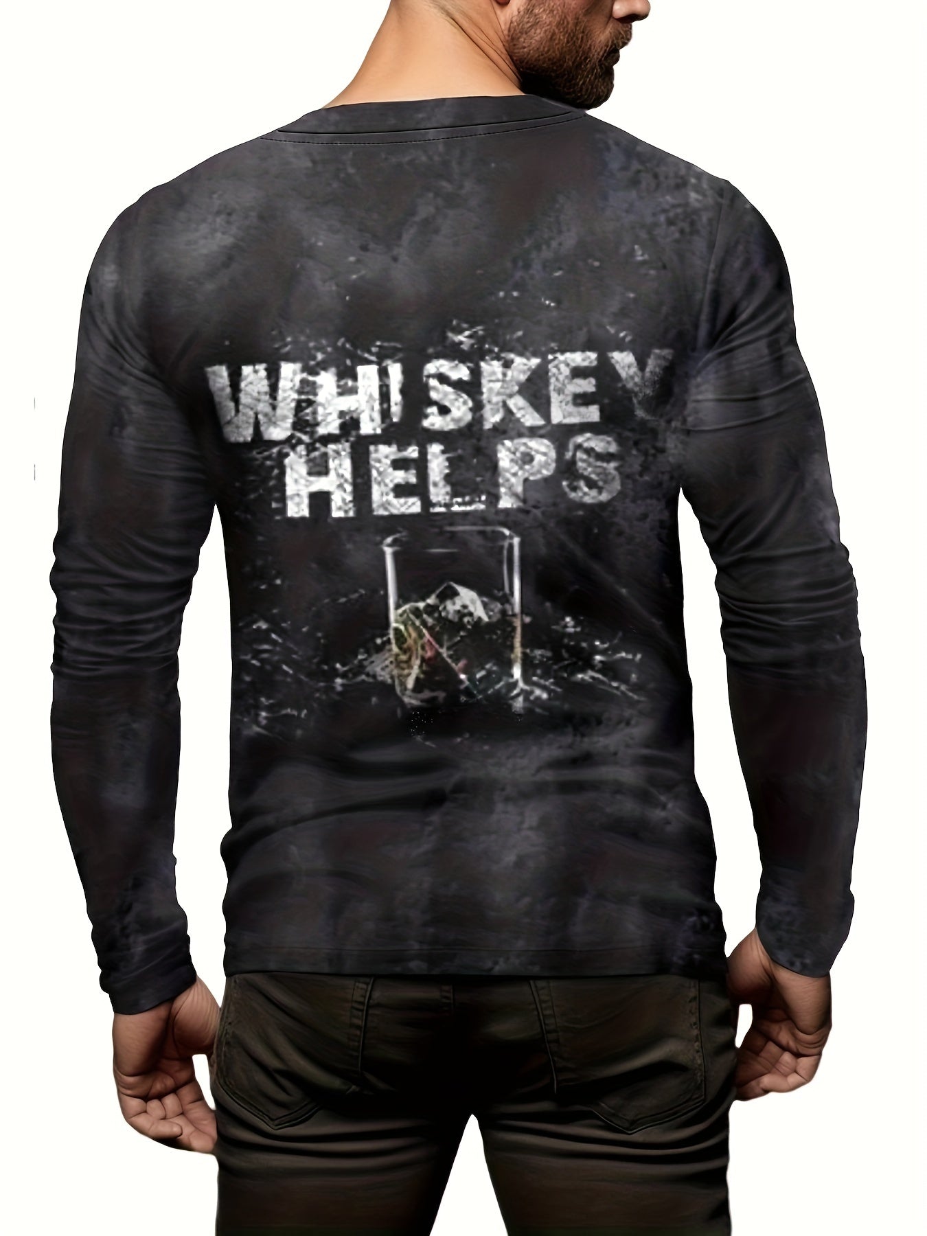 WHISKEY HELPS Men's Long Sleeve Novelty T shirt Autumn Tee