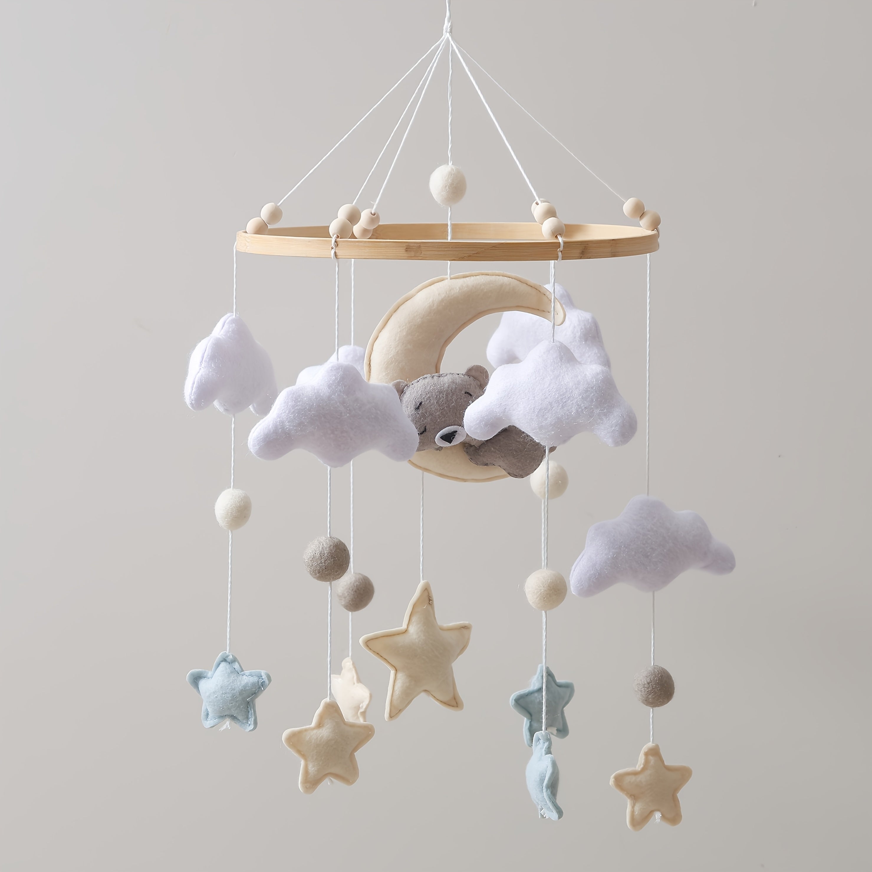 Baby Mobile Crib Toy, Gray Bear Sheep Star Shapes, Soft Pastel Colors