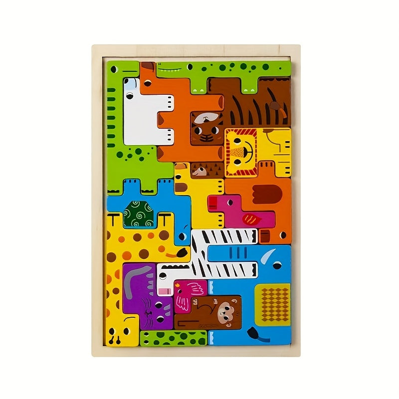 Wooden Animal & Traffic Building Block Puzzle Set with Recognition Board