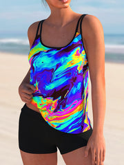 Tie Dye Tankini Set Round Neck Cami Top & Shorts Swimsuit Two Piece