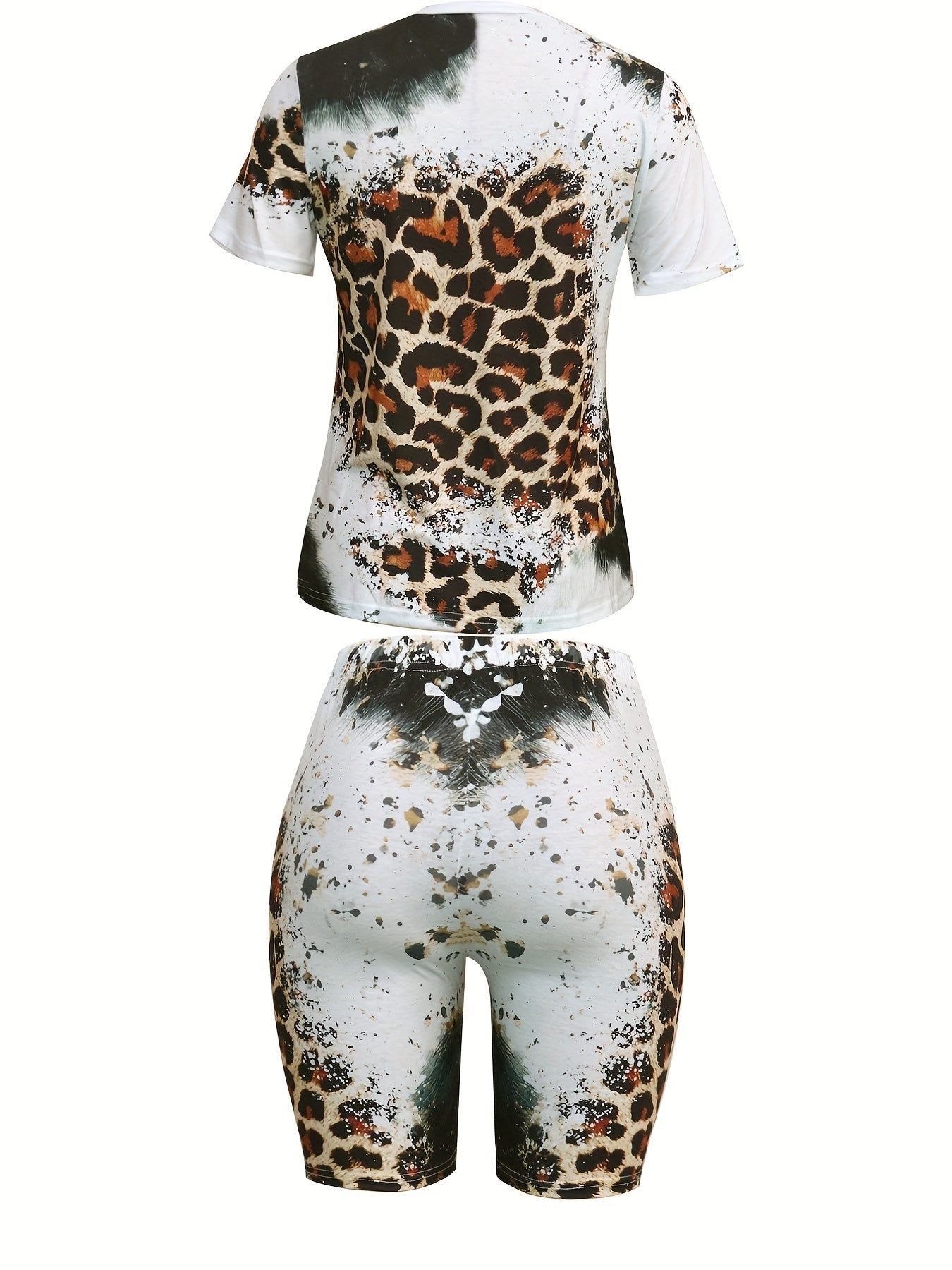Leopard Print 2pc Set Short Sleeve T-shirt & High Waist Shorts