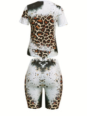 Leopard Print 2pc Set Short Sleeve T-shirt & High Waist Shorts