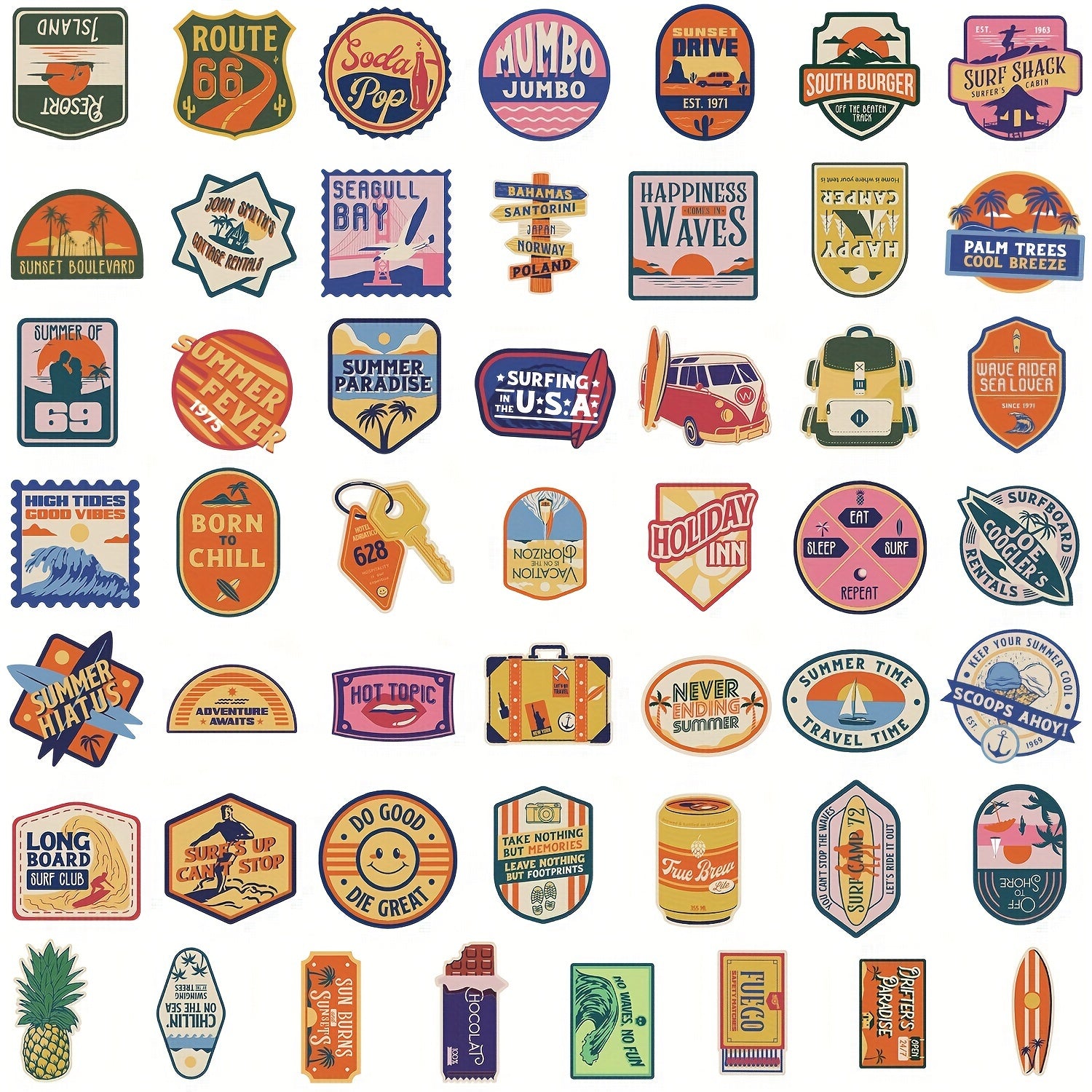 50pcs 70s Retro Vinyl Stickers for Laptops Water Bottles Computers