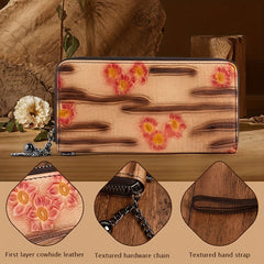 Vintage Embossed Leather Women's Wallet Zipper Closure Floral Tassel Charm