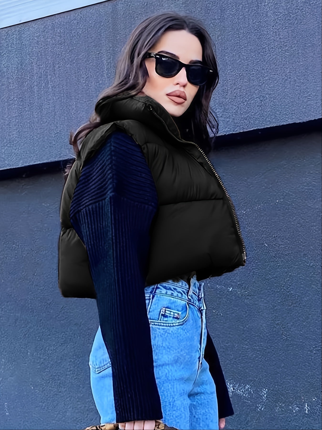 Crop Vest Raglan Sleeve Zipper Jacket Women's Clothing