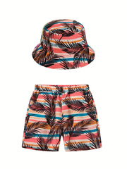 Boy's Coconut Tree Print Shorts & Sun Hat Set