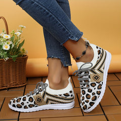 Leopard Print Mesh Lace-up Sneakers Soft Sole Casual Shoes