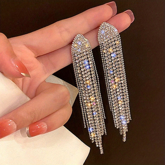 Bohemian Rhinestone Tassel Earrings Silver Plated