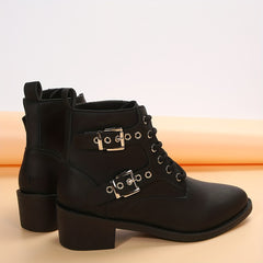 Women's Eyelet Buckle Western Style Cowboy Boots Lace up Outdoor Mid Calf Boots