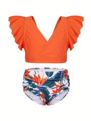 Toddler Girls Bikini Tankini Swimsuit Ruffle Trim Top & Shorts Set