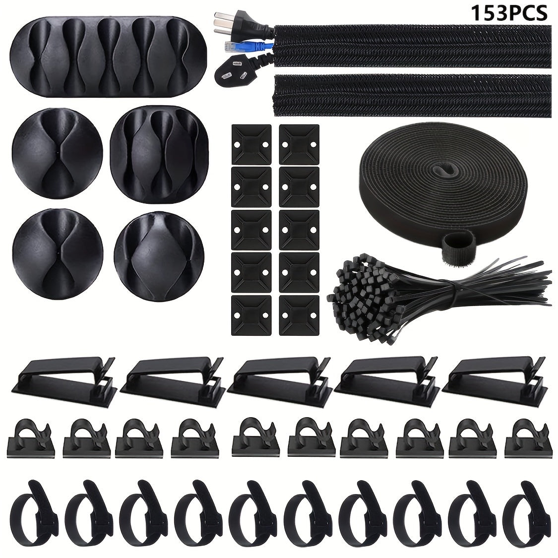 153pcs Cable Management Kit 2 Cable Sleeves 20 Cable Clips 20 Zip Tie Mounts