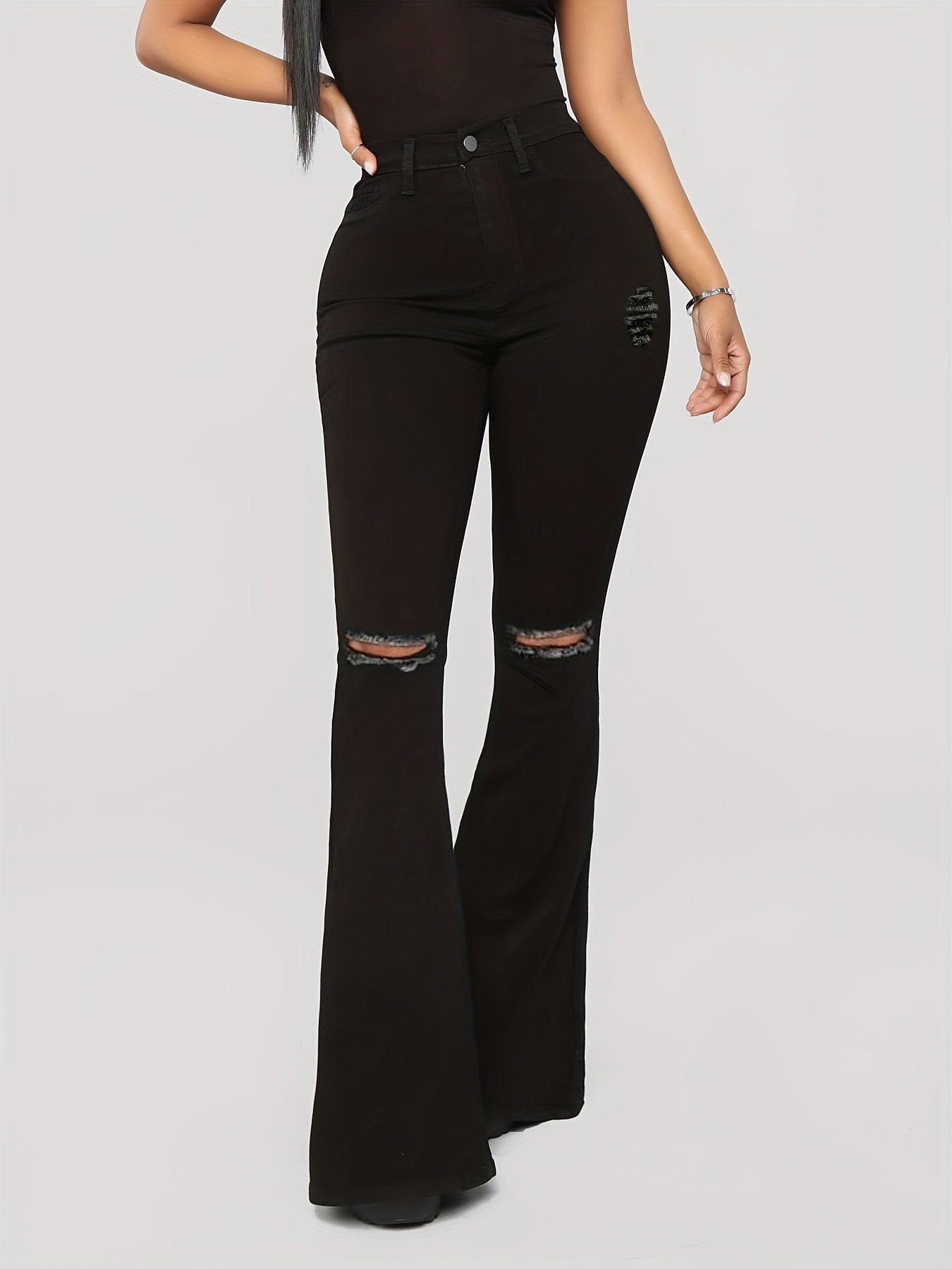 High Waist Distressed Flared Jeans Bell Bottom Denim Pants
