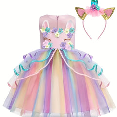Unicorn Princess Dress Floral Print Mesh Tulle Kids Dress