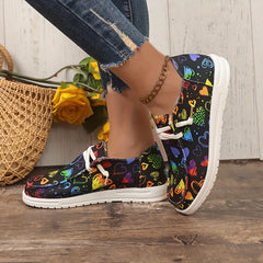 Heart Pattern Skate Shoes Women Flat Lightweight Lace-up Canvas Sneakers