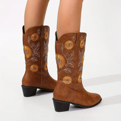 Floral Embroidered Chunky Heel Slip On Boots