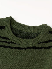 Knitted Lines Print Sweater Men's Crew Neck Pullover