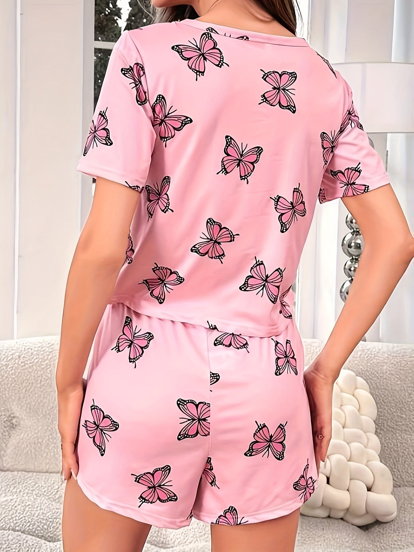 Butterfly Print Pajama Set Short Sleeve Crew Neck Top & Elastic Waistband Shorts