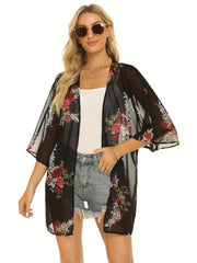 Floral Print Cover Up Tops Long Sleeve Rash Guard Semi Sheer Loose Fit