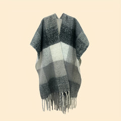 Plaid Shawl Block Tassel Wrap Windproof Poncho Cape