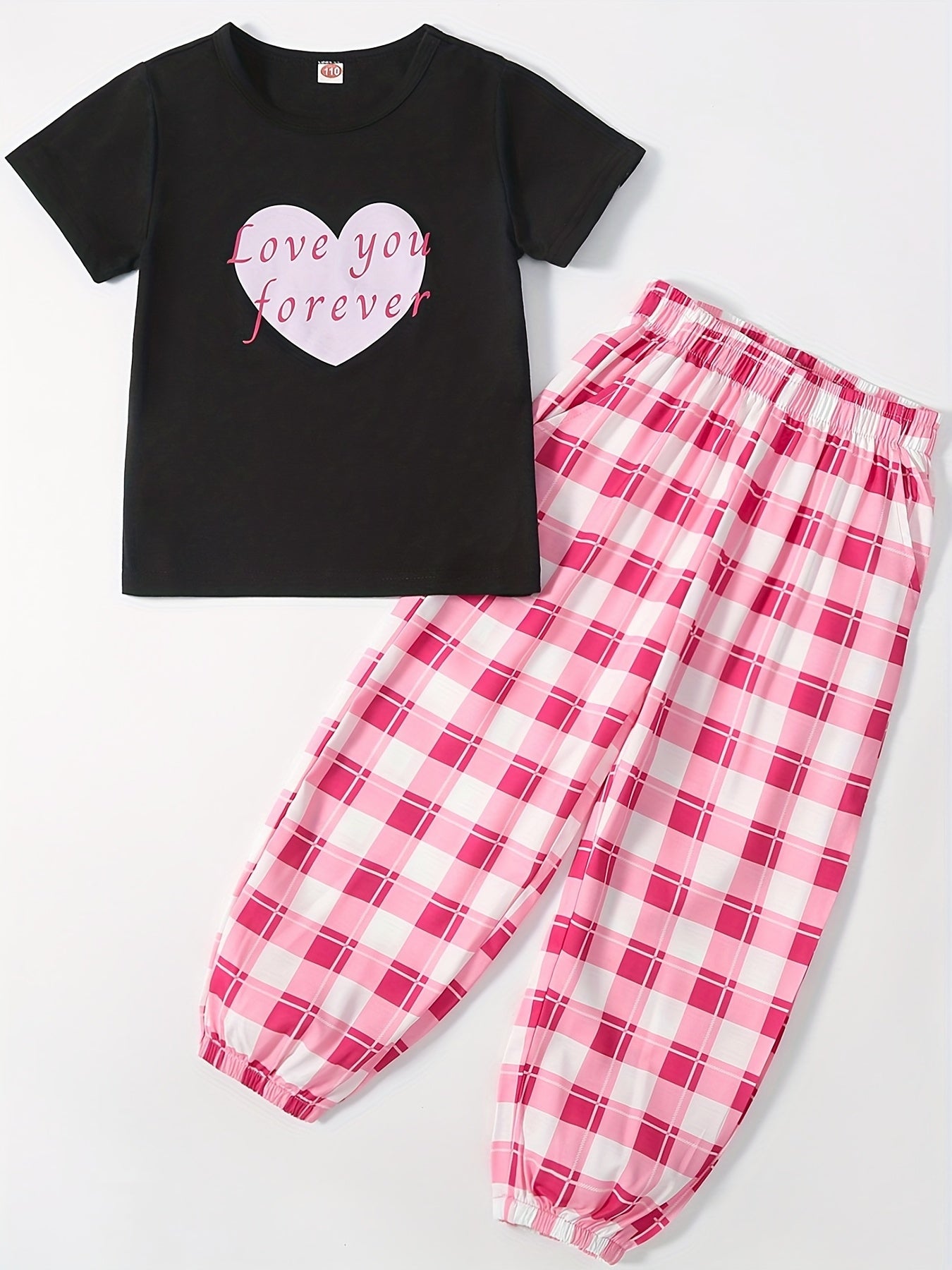 Girls Casual T-shirt & Plaid Trousers Set Loungewear Set