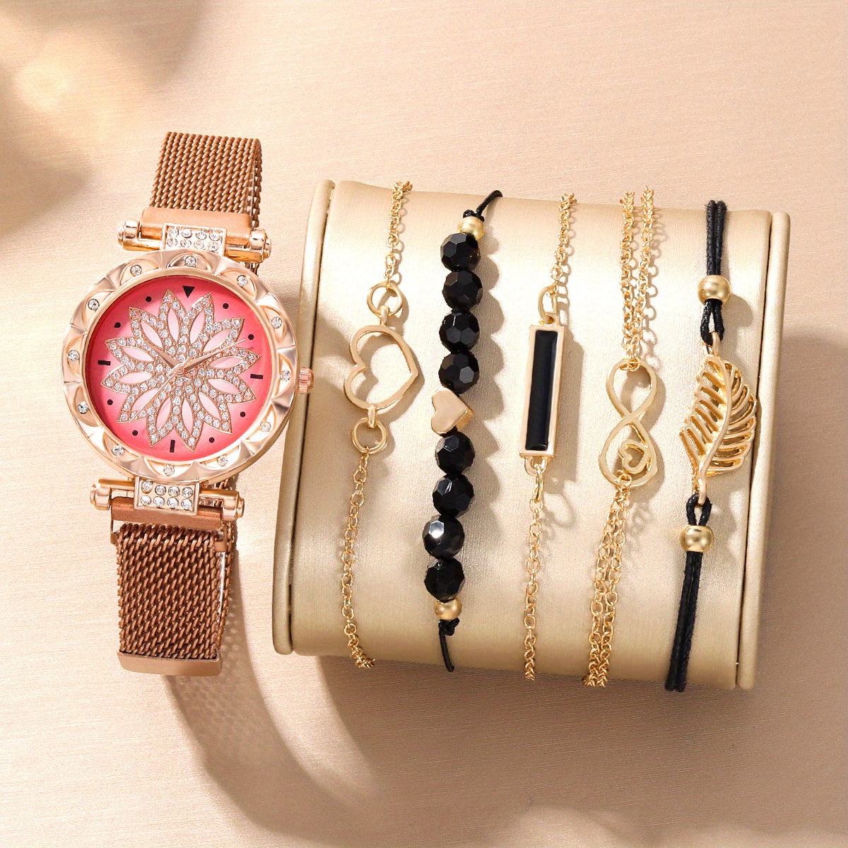 Digital Rhinestone Quartz Watch & 5pcs Bead Bracelet Set