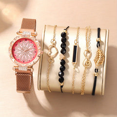 Digital Rhinestone Quartz Watch & 5pcs Bead Bracelet Set