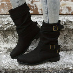 Women's Chunky Heel Boots with Buckle Strap, Slip On Comfortable Western Boots