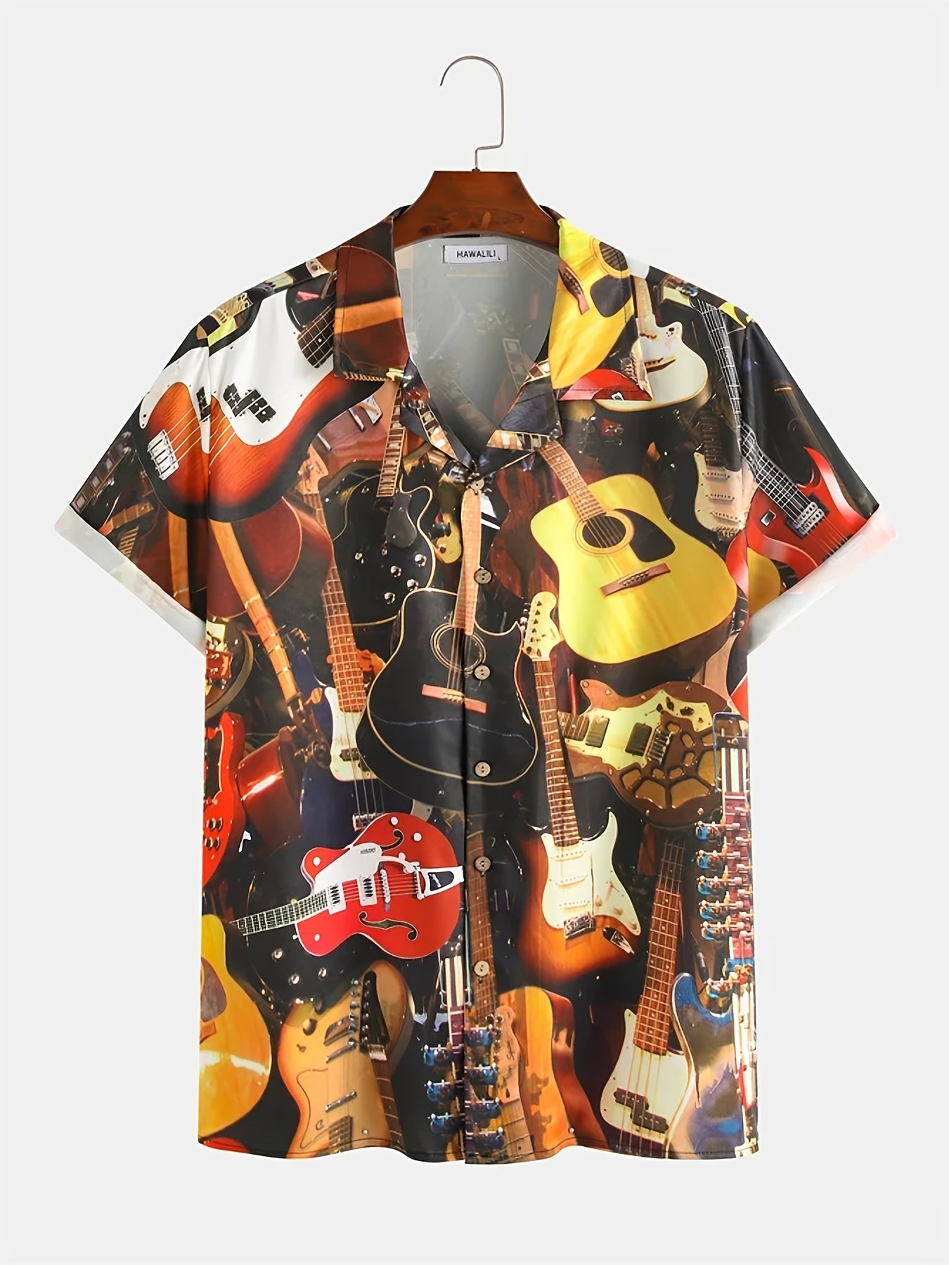 Men's Guitar Print Hawaiian Shirt Short Sleeve Casual Shirt