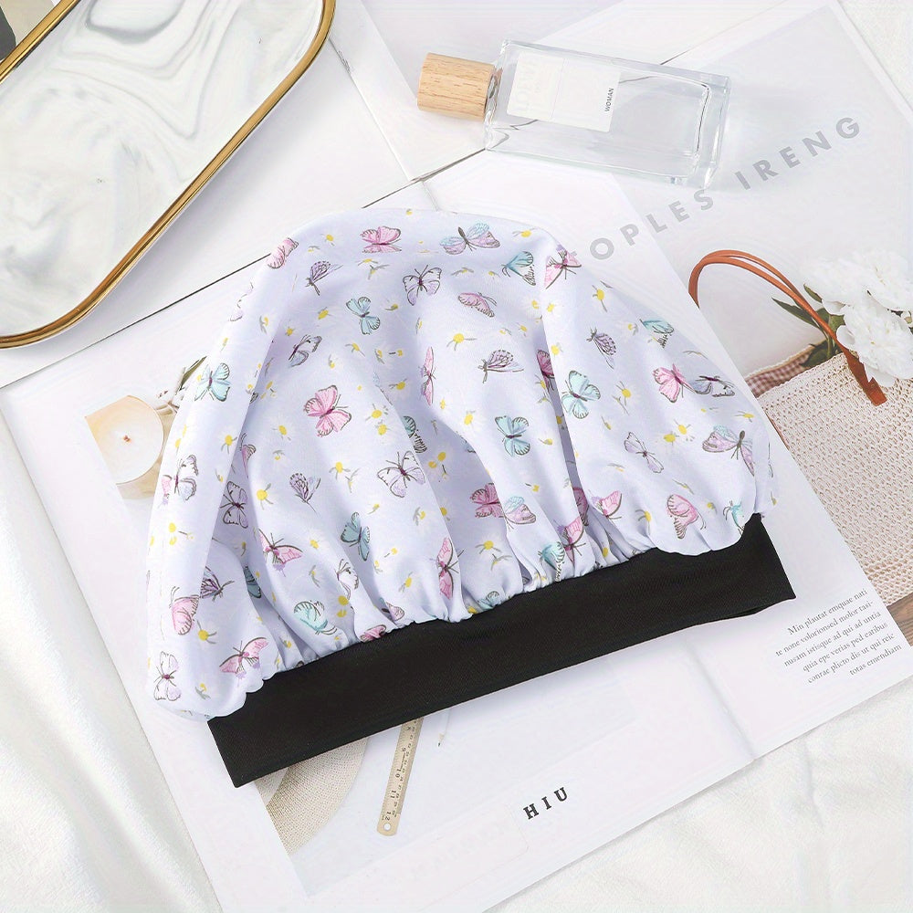 Butterfly Print Satin Bonnet Solid Night Cap Soft Hair Bonnet