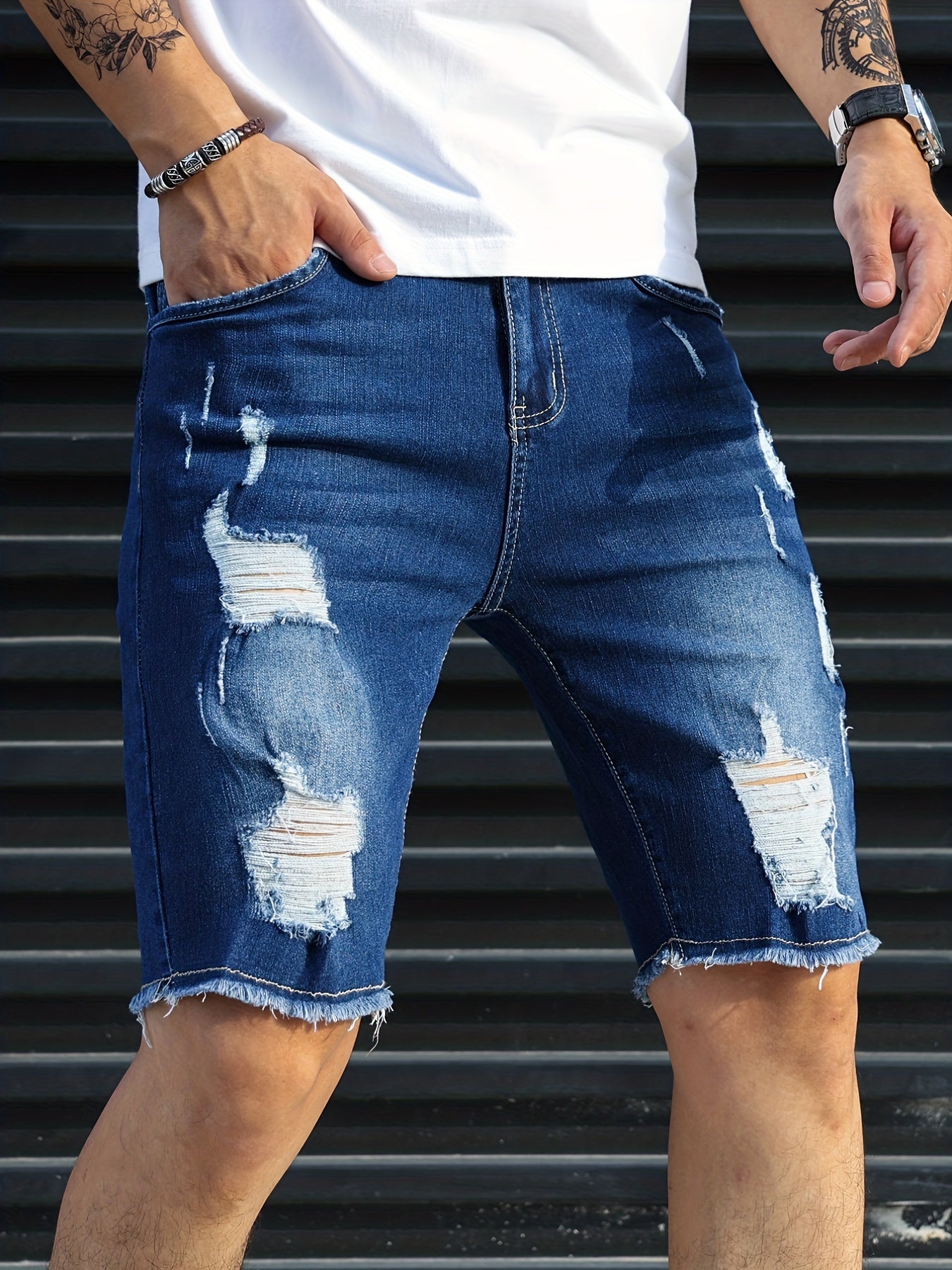 Men's Ripped Denim Shorts Casual Street Style Distressed Denim Shorts