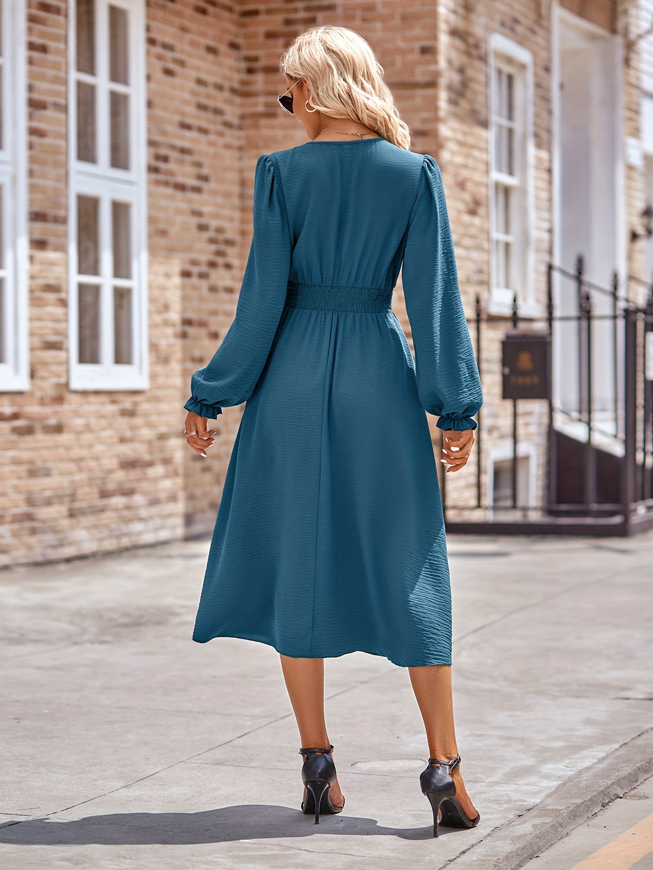 V Neck Button Decor Long Sleeve Dress Spring & Summer Women's Clothing