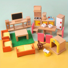 Wooden Bedroom Toys 7 Sets for Kids Pretend Play Home Bedroom