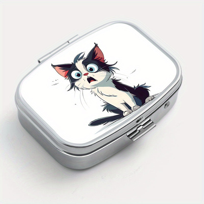 Surprised Cat Print Two Compartment Pill Box Mini Portable Travel Outdoor Sports